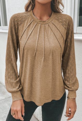 Gray Contrast Lace Raglan Sleeve Plicated Knit Top