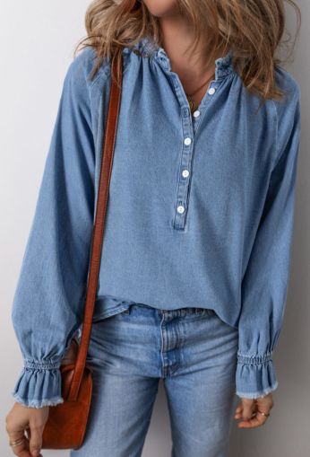 Sky Blue Frilled Raw Hem Half Buttoned Denim Top