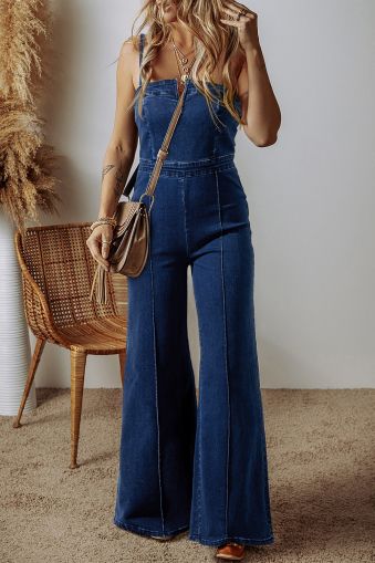 Blue Spaghetti Straps Notch V Denim Jumpsuit