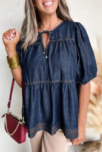 Dusk Blue Tied Front Bubble Sleeve Peplum Denim Shirt