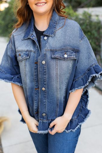 Peacock Blue Ruffled Frayed Short Sleeve Plus Size Denim Jacket