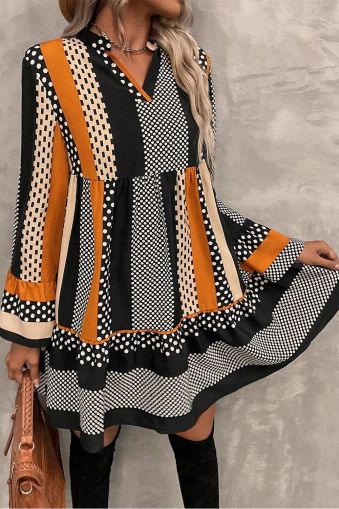Women's Black Striped Polka Dot Print Ruffled Hem V Neck Mini Dress