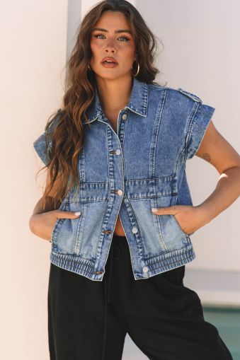 Black Raw Edge Ruffled Short Sleeve Denim Jacket