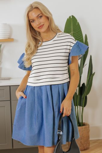 Black Stripe Ruffle Denim Patchwork Round Neck Mini Dress