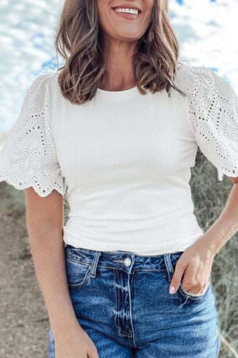 White Textured Ruffled Trim V Neck Flutter Flowy Top