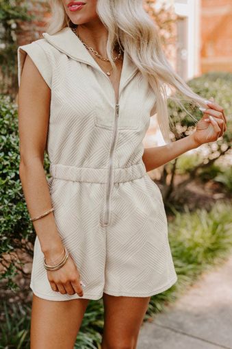 Jet Stream Textured Zipped Front V Neck Collared Casual Romper