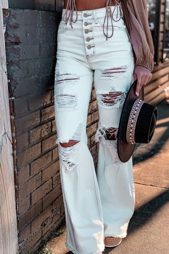 Bright White Heavy Distressed Straight Leg Jeans