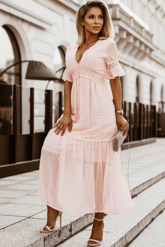 Pink Swiss Dot Lace Trim Maxi Dress