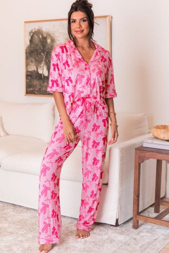 Pink Bow Knot Print Lapel Collar Short Sleeve and Pants Pajamas Set