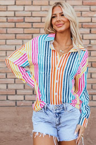 Orange Stripe Multicolor Drop Shoulder Loose Shirt