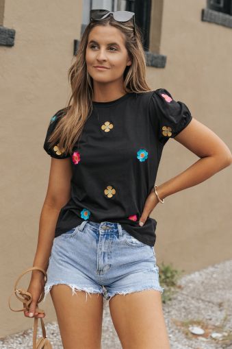 Black Embroidered Flower Short Puff Sleeve Tee