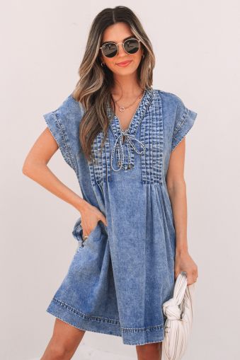 Beau Blue Tie V Neck Tucking Detail Short Sleeve Denim Shift Dress