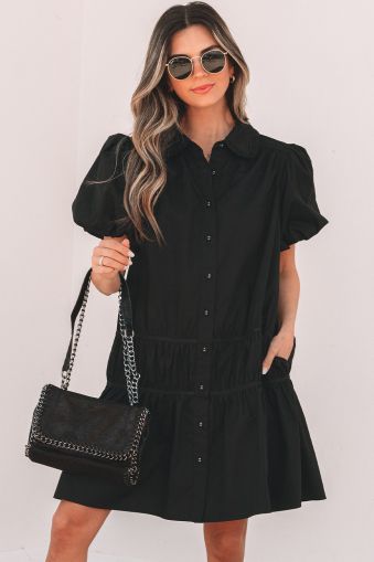 Black Shirt Style Button Down Puff Sleeve Ruffle Hem Dress