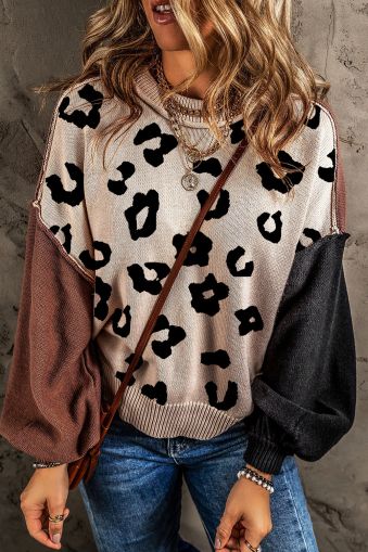 Coffee Leopard Print Colorblock Pullover Sweater