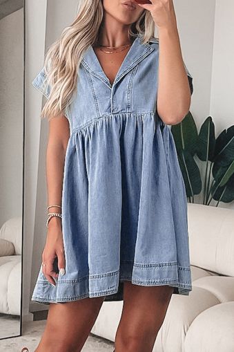 Beau Blue Lapel Neck Cap Sleeve High Waist Denim Babydoll Dress