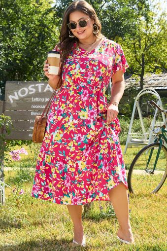 Pink Floral Print V Neck Pocketed High Waist Plus Size Midi Dress