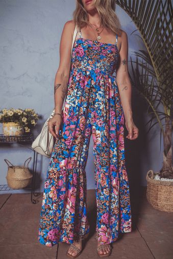 Floral Smocked Bust Spaghetti Straps Wide Leg Jumpsuit