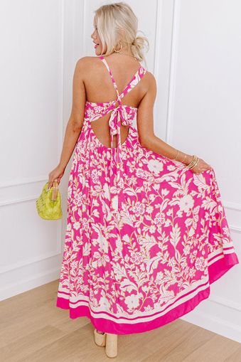 Rose Paisley V Neck Crisscross Backless Maxi Dress