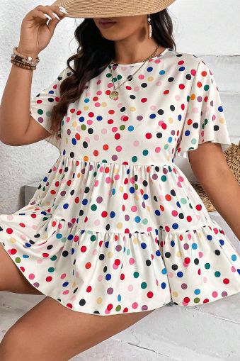 Colorful Polka Dot Print Short Sleeve Ruffled Plus Size Babydoll Blouse