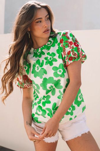 Green Contrast Embroidered Puff Short Sleeve Floral Blouse