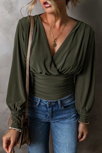 Green Ruched Wrap V Neck Long Sleeve Bodysuit