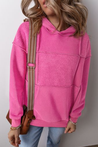 Pink Mineral Wash Terry Patchwork Drawstring Hoodie