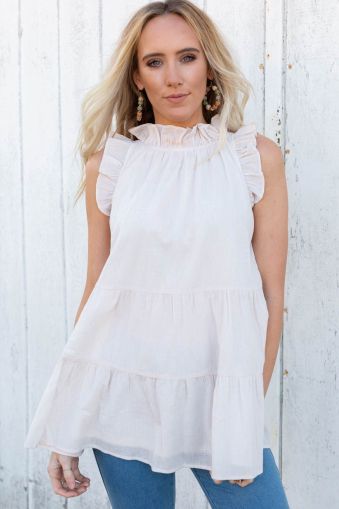 White Frilled Collar Sleeveless Knotted Tiered Flowy Tank