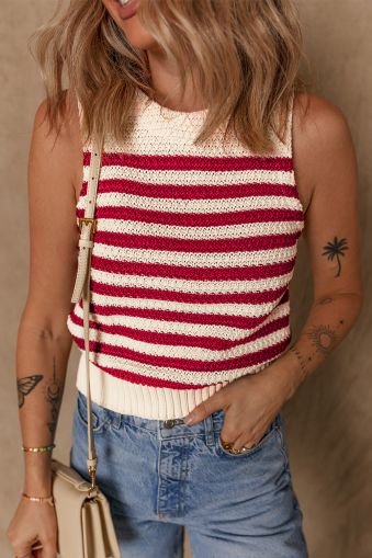 Red Stripe Textured Knit Ribbed Hem Sweater Tank Top