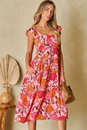 Pink Floral Square Neck Ruffled Flutter Sleeve Tiered Midi Dress