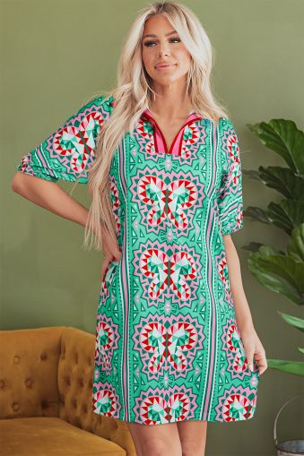 Mint Green Geometric Butterfly Print Split Neck Short Sleeve Dress