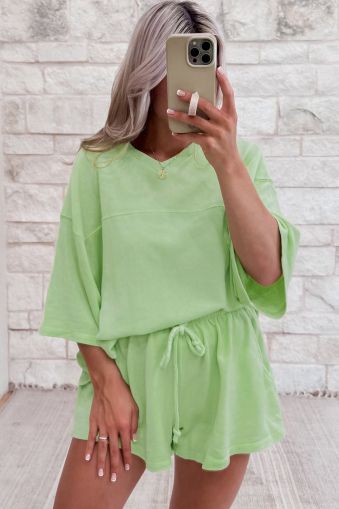 Meadow Mist Green Solid Loose V Neck Half Sleeve Tee and Shorts