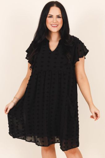 Black Dotty Textured Notched Neck Plus Ruffled Dress