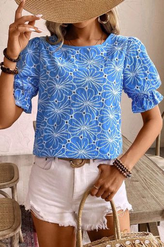 Sky Blue Eyelet Flower Embroidery Frilled Short Puff Sleeve Blouse