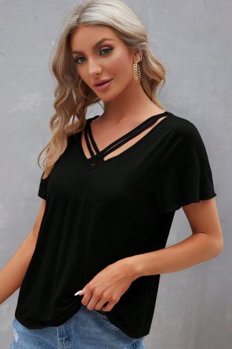 Women's Black Crisscross V-Neck T-Shirt with Butterfly Sleeves