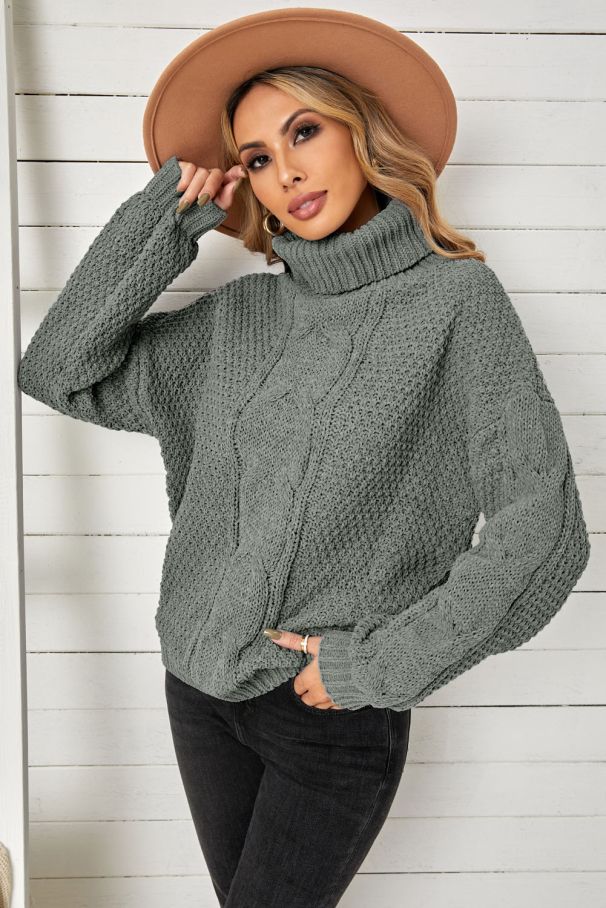 Turtleneck Knitted Cable Sweater Grey