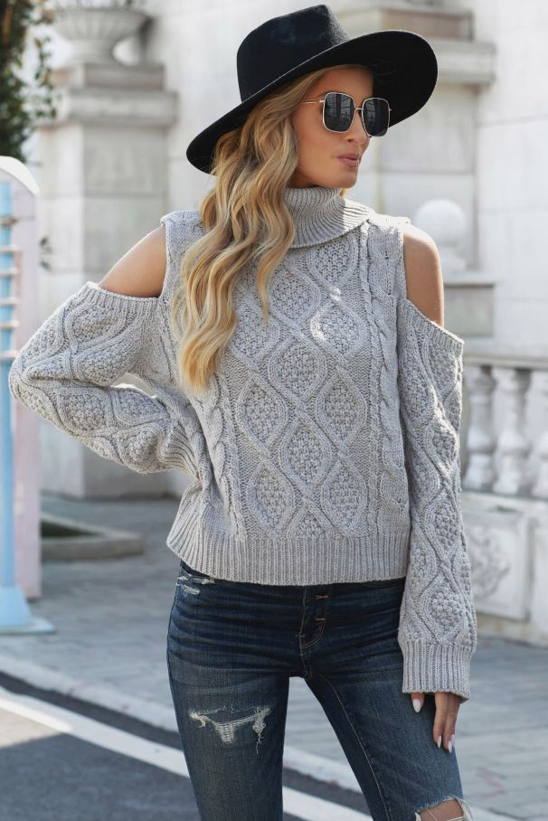 Cold shoulder cable hot sale knit sweater