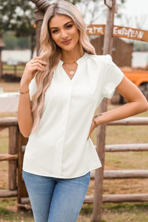 White Silky Notched Neckline Petal Sleeve Blouse