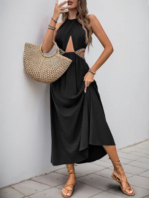 Women's Black Maxi Halter Dress with Ethnic Waist Cutouts