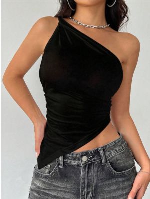 Black One Shoulder Asymmetric Top