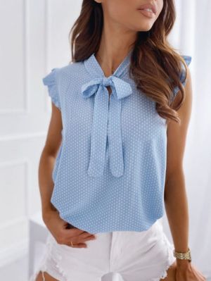 Light Blue Sleeveless Polka Dot Blouse with Bow Tie