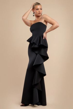 Strapless Black Evening Dress with Peplum Waterfall Ruffles