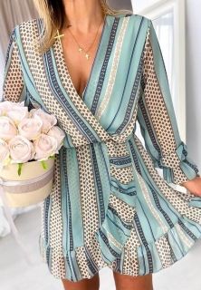 Рокля тип прегърни ме с ефектен десен в цвят мента