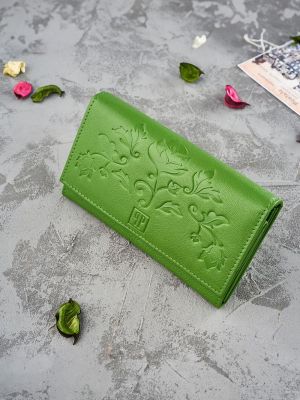 Women's Green Floral Leather Wallet with RFID Protection – Medium Size