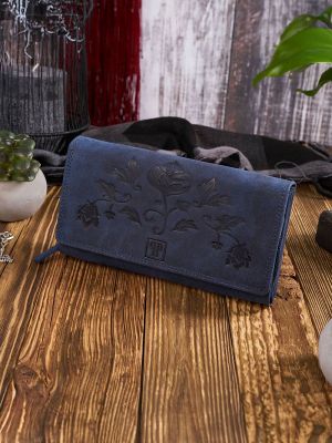 Women’s Navy Blue Leather Wallet by Paolo Peruzzi with Floral Embossing and RFID Protection