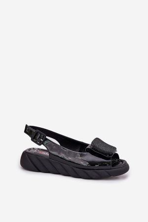 Women’s Black Leather Wedge Sandals with Buckle and Decorative Detail
