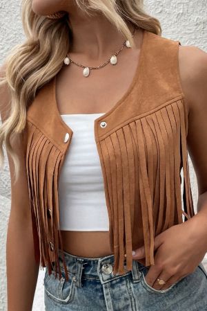 Brown Suedette Fringe Vest with Snap Button Front