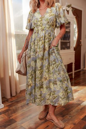 Multicolour Vintage Floral V Neck Short Puff Sleeve Long Dress