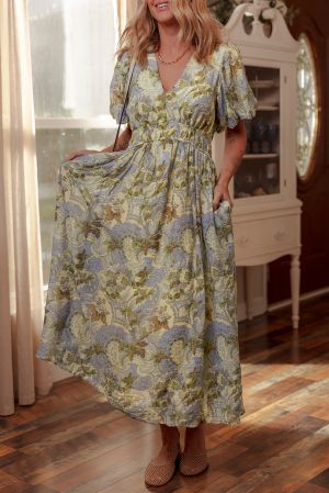 Multicolour Vintage Floral V Neck Short Puff Sleeve Long Dress