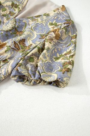 Multicolour Vintage Floral V Neck Short Puff Sleeve Long Dress