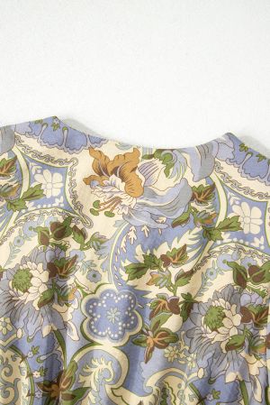 Multicolour Vintage Floral V Neck Short Puff Sleeve Long Dress